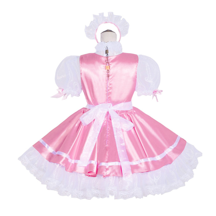 Baby Pink Satin Sissy Maid Lockable High Collar Puff Sleeves Short Dress G4048