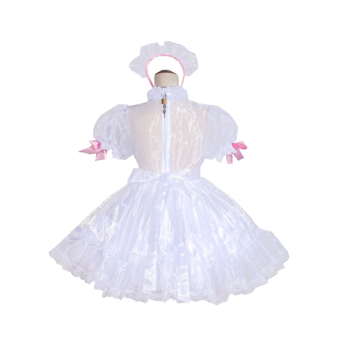 White Organza Sissy Maid Lockable High Collar Puff Sleeves Short Dress G4047