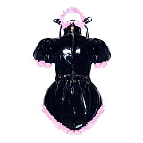Black Heavy PVC Sissy Maid Lockable High Collar Puff Sleeves Short Romper G4049