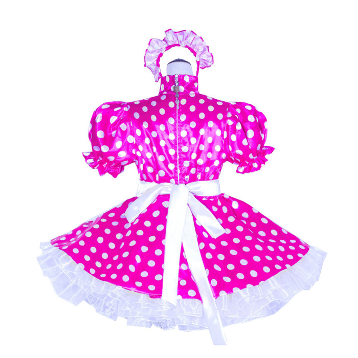 Hot Pink Dots Satin Sissy Maid Lockable High Collar Puff Sleeves Short Dress G4045