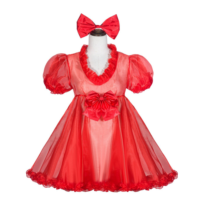 Red Organza Sissy Maid Lockable V-Neck Puff Sleeves Short Dress G4053