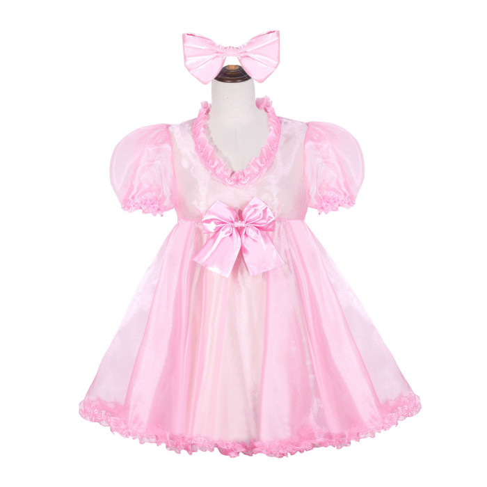 Baby Pink Organza Sissy Maid Lockable V-Neck Puff Sleeves Short Dress G4052