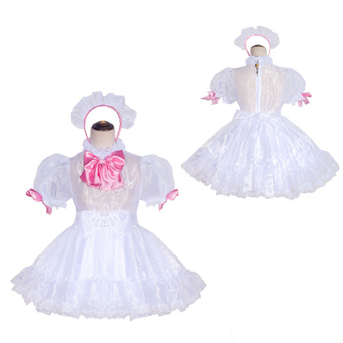 White Organza Sissy Maid Lockable High Collar Puff Sleeves Short Dress G4047