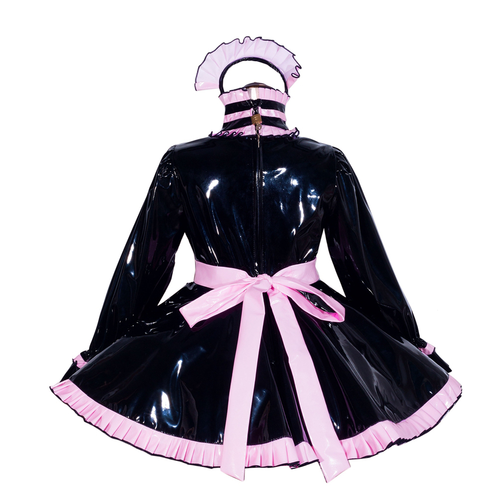 fondcosplay cross dressing sissy maid short French Lockable Black heavy PVC  Dress pink apron Open the breast CD/TV