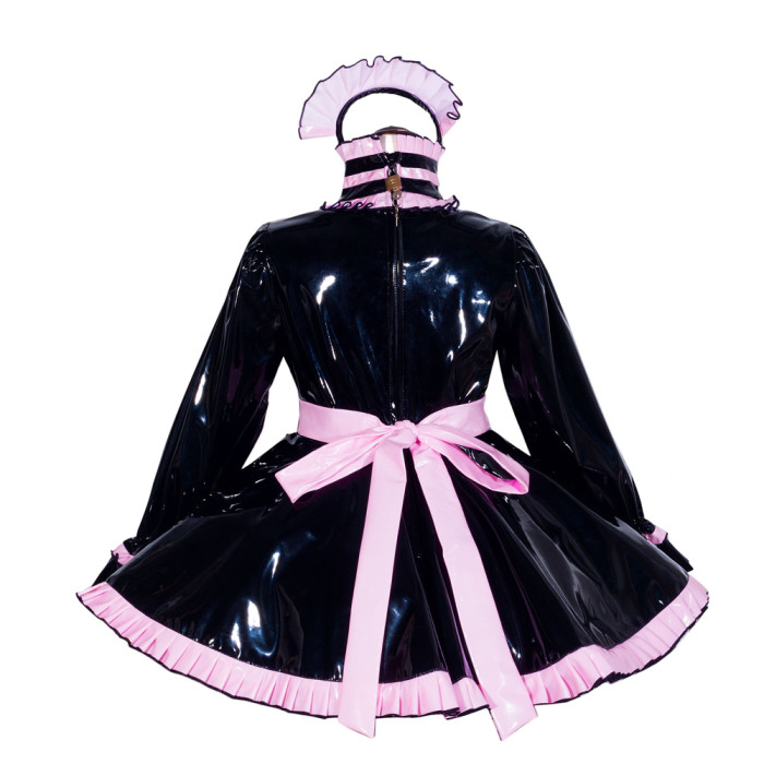 Black Heavy PVC Sissy Maid Lockable High Collar Puff Sleeves Short Dress G4051