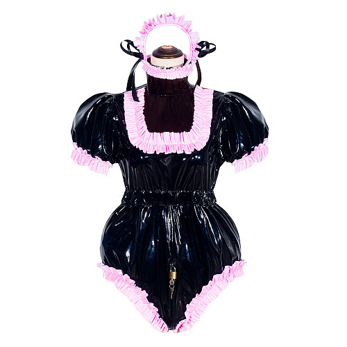 Black Heavy PVC Sissy Maid Lockable High Collar Puff Sleeves Short Romper G4049