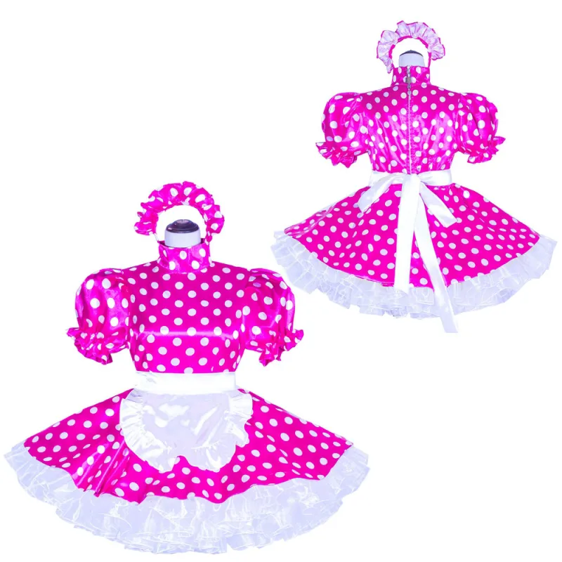 Hot Pink Dots Satin Sissy Maid Lockable High Collar Puff Sleeves Short Dress G4045