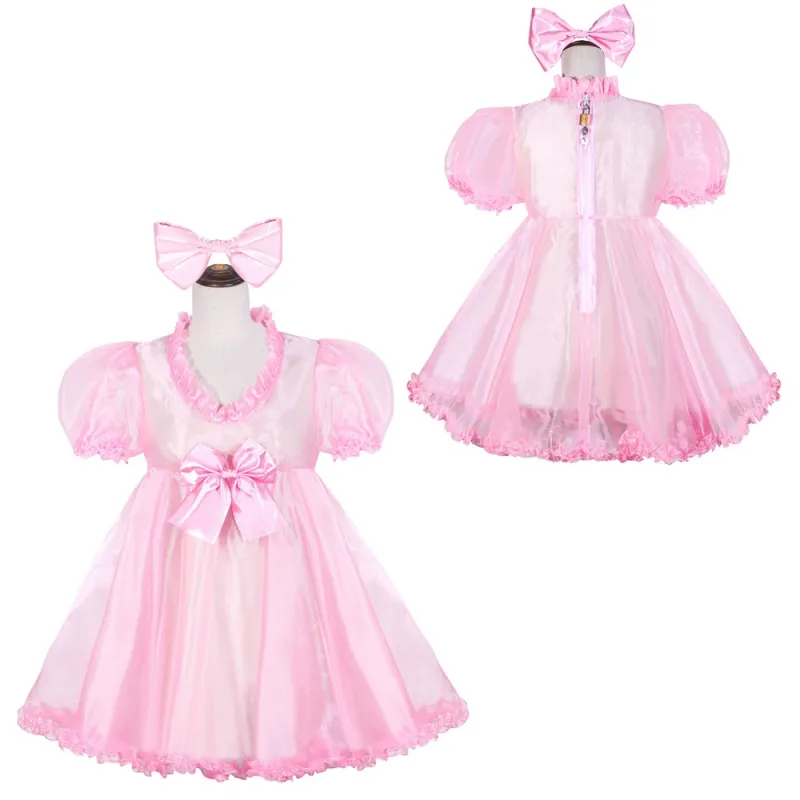 Baby Pink Organza Sissy Maid Lockable V-Neck Puff Sleeves Short Dress G4052