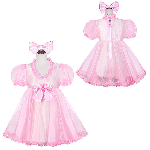 Baby Pink Organza Sissy Maid Lockable V-Neck Puff Sleeves Short Dress G4052