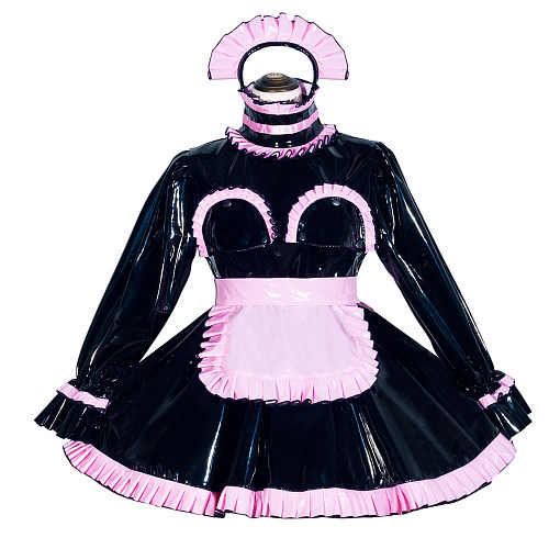 Black Heavy PVC Sissy Maid Lockable High Collar Puff Sleeves Short Dress G4051