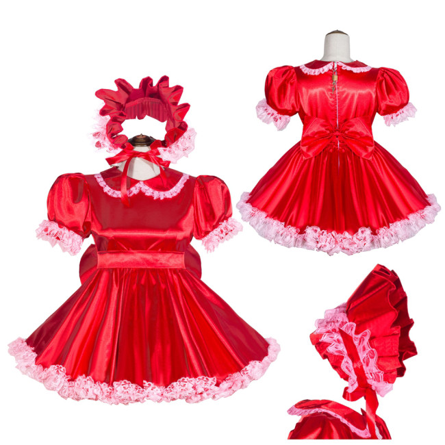 Red Satin Sissy Maid Lockable Peter Pan Collar Puff Sleeves Short Dress G4042