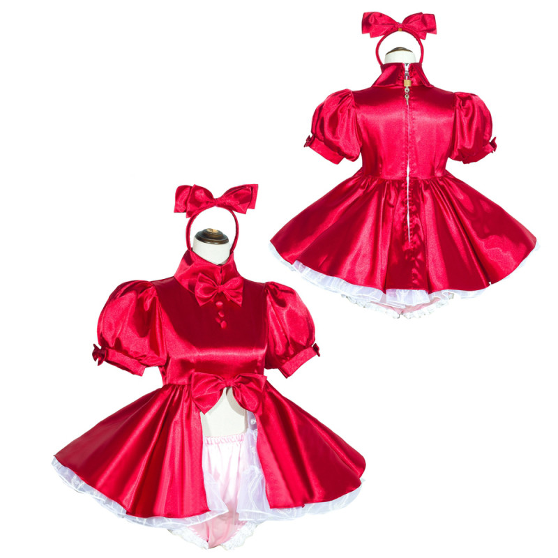 Red Satin Sissy Maid Lockable High Collar Puff Sleeves Short Dress G4034