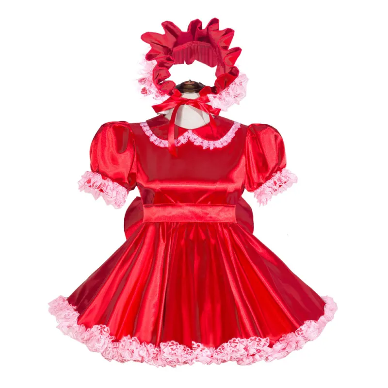 Red Satin Sissy Maid Lockable Peter Pan Collar Puff Sleeves Short Dress G4042