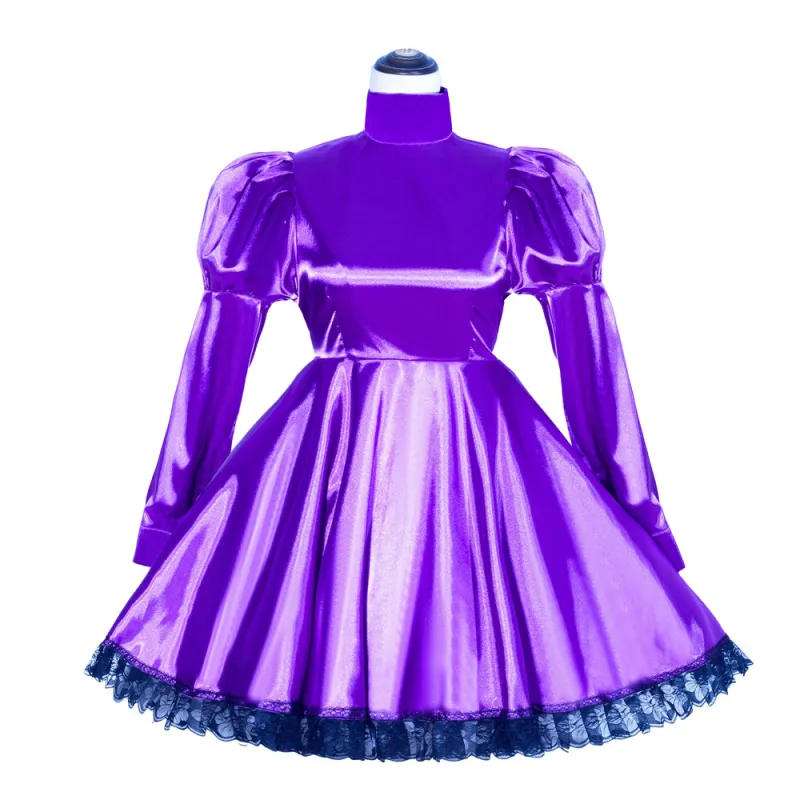 Purple Satin Sissy Maid Lockable High Collar Puff Sleeves Short Dress G4033