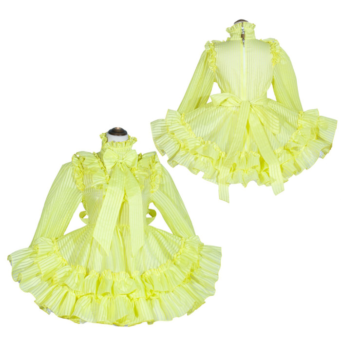 Yellow Organza Sissy Maid Lockable High Collar Puff Sleeves Short Dress G4029