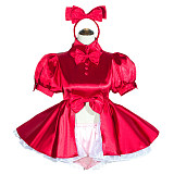 Red Satin Lockable Sissy Maid Dress with Bow and Optional Panties – Handmade Crossdressing Costume [G4034]