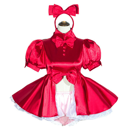 Red Satin Lockable Sissy Maid Dress with Bow and Optional Panties – Handmade Crossdressing Costume [G4034]