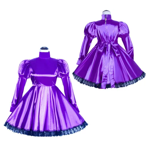 Purple Satin Sissy Maid Lockable High Collar Puff Sleeves Short Dress G4033