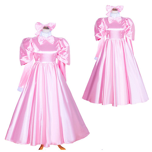 Baby Pink Satin Sissy Maid Lockable High Collar Puff Sleeves Long Dress G4036