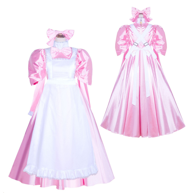 Baby Pink Satin Sissy Maid Lockable High Collar Puff Sleeves Long Dress G4043