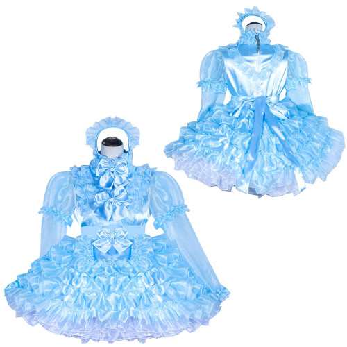 Baby Blue Satin Organza Sissy Maid Lockable High Collar Puff Sleeves Short Dress G4023