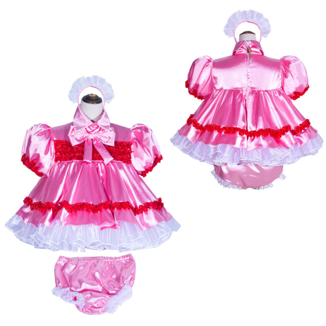 Pink Satin Sissy Maid Lockable Shirt Collar Puff Sleeves Short Dress G4027