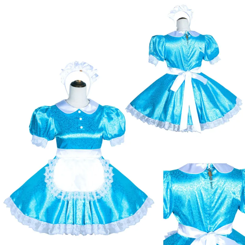Blue Satin Sissy Maid Lockable Peter Pan Collar Puff Sleeves Short Dress G4044