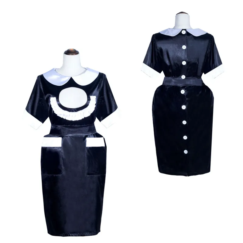 Black Satin Sissy Maid Peter Pan Collar Puff Sleeves Short Dress G4031