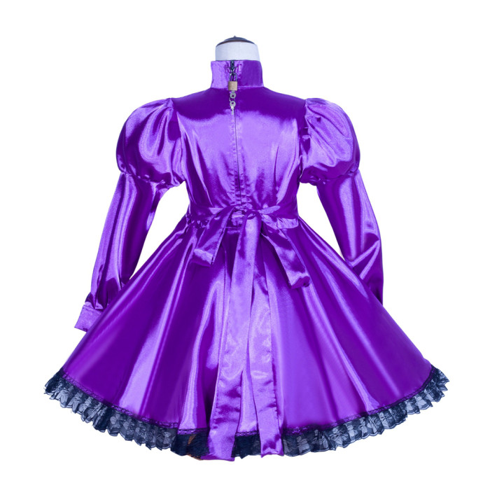 Purple Satin Sissy Maid Lockable High Collar Puff Sleeves Short Dress G4033