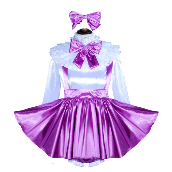 Purple Satin Sissy Maid Lockable Shirt Collar Puff Sleeves Short Blouse and Skirt G4037
