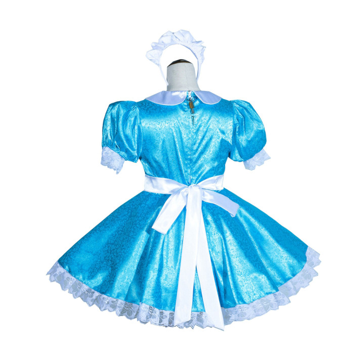 Blue Satin Sissy Maid Lockable Peter Pan Collar Puff Sleeves Short Dress G4044