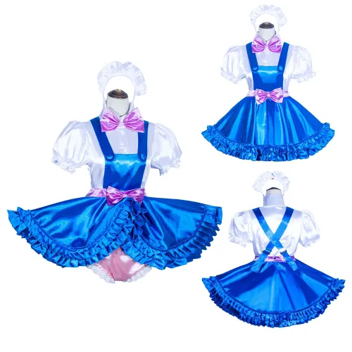 Blue Satin Sissy Maid Lockable Shirt Collar Puff Sleeves Short Blouse and Skirt G4032