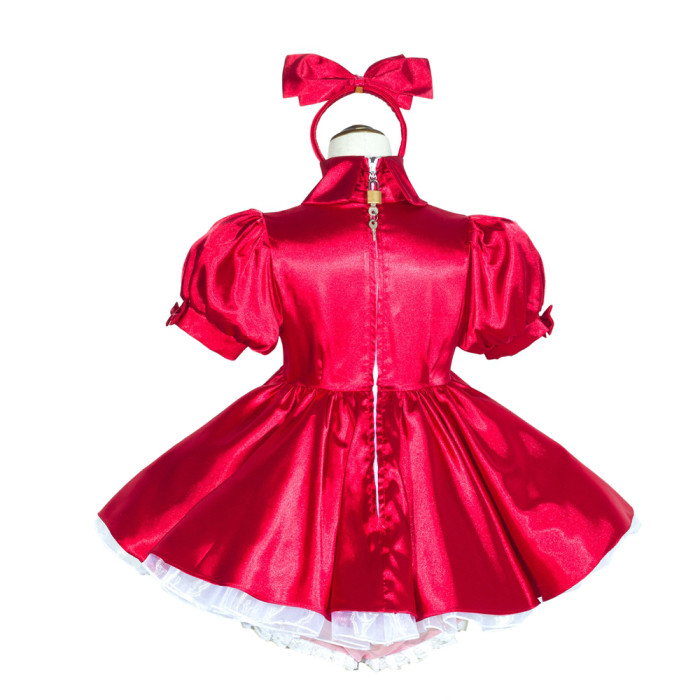 Red Satin Sissy Maid Lockable High Collar Puff Sleeves Short Dress G4034