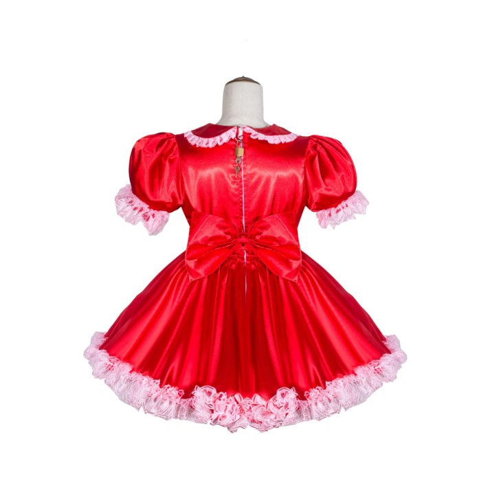Red Satin Sissy Maid Lockable Peter Pan Collar Puff Sleeves Short Dress G4042