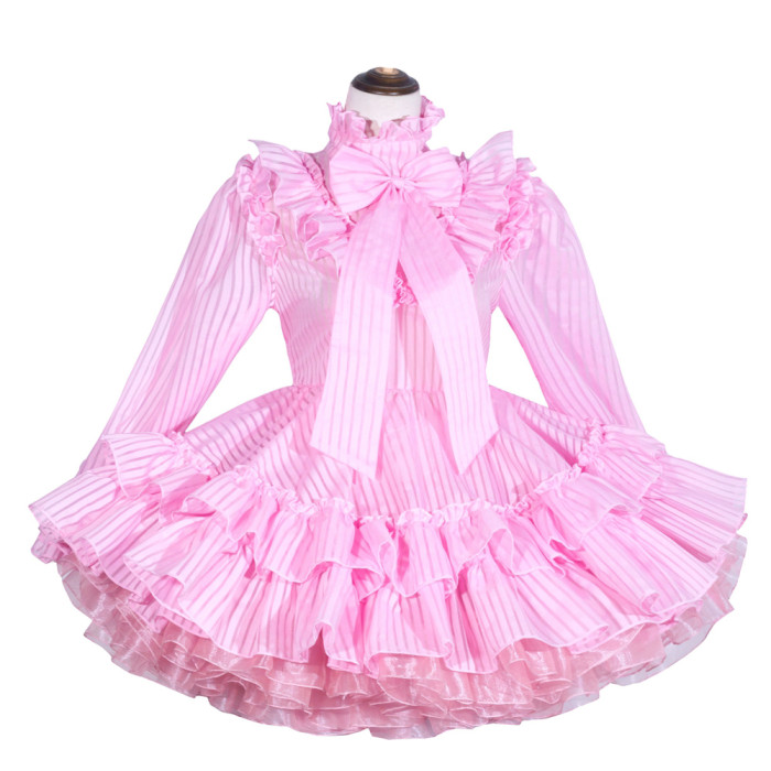 Pink Organza Sissy Maid Lockable High Collar Puff Sleeves Short Dress G4028