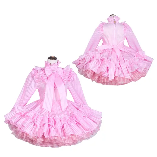 Pink Organza Sissy Maid Lockable High Collar Puff Sleeves Short Dress G4028
