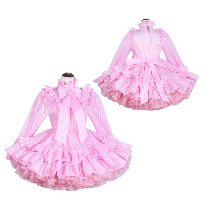 Pink Organza Sissy Maid Lockable High Collar Puff Sleeves Short Dress G4028