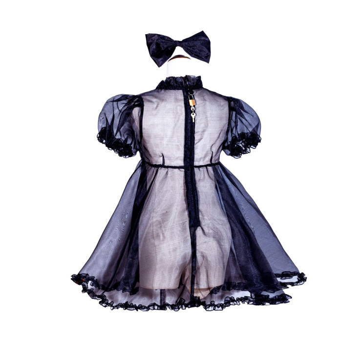 Black Organza Sissy Maid Lockable V-Neck Puff Sleeves Short Dress G4030