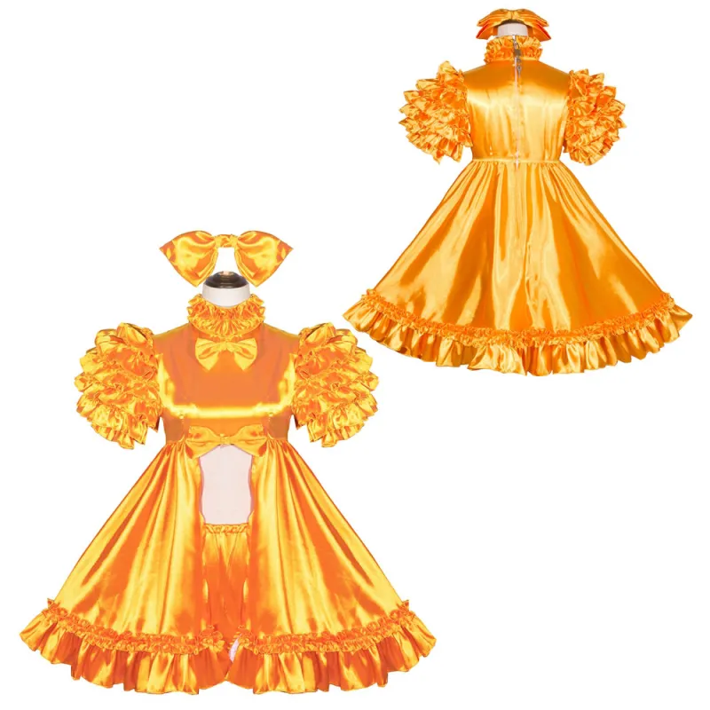 Yellow Satin Sissy Maid Lockable High Collar Puff Sleeves Short Dress G4040