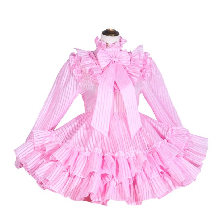 Pink Organza Sissy Maid Lockable High Collar Puff Sleeves Short Dress G4028