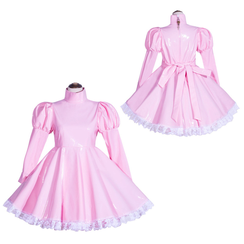 Baby Pink Thin PVC Sissy Maid Lockable High Collar Puff Sleeves Short Dress G4035