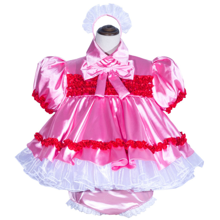 Pink Satin Sissy Maid Lockable Shirt Collar Puff Sleeves Short Dress G4027