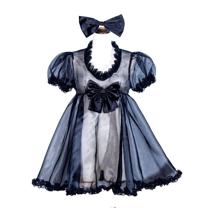 Black Organza Sissy Maid Lockable V-Neck Puff Sleeves Short Dress G4030