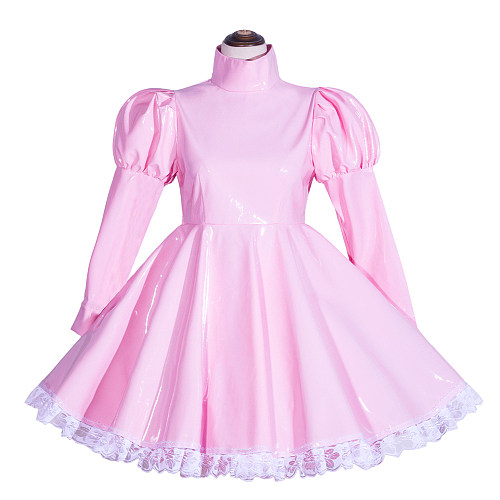 Baby Pink Thin PVC Sissy Maid Lockable High Collar Puff Sleeves Short Dress G4035