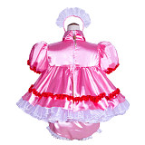 Pink Satin Sissy Maid Lockable Shirt Collar Puff Sleeves Short Dress G4027