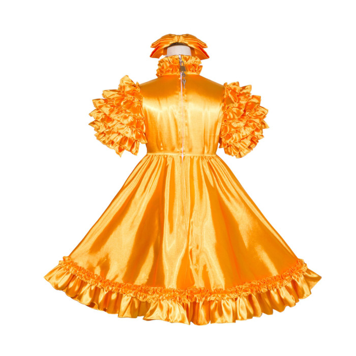 Yellow Satin Sissy Maid Lockable High Collar Puff Sleeves Short Dress G4040
