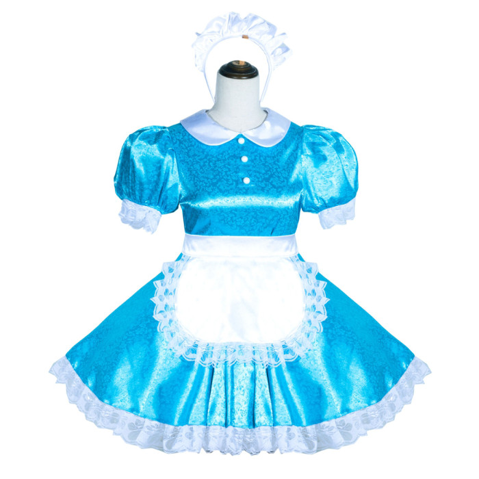 Blue Satin Sissy Maid Lockable Peter Pan Collar Puff Sleeves Short Dress G4044