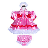Pink Satin Sissy Maid Lockable Shirt Collar Puff Sleeves Short Dress G4027