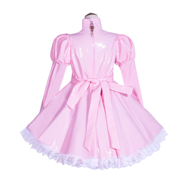 Baby Pink Thin PVC Sissy Maid Lockable High Collar Puff Sleeves Short Dress G4035