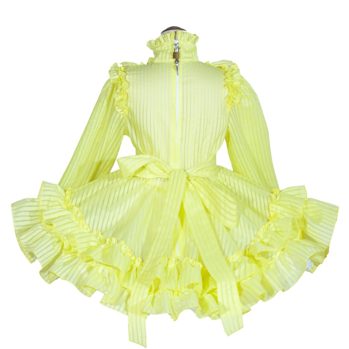 Yellow Organza Sissy Maid Lockable High Collar Puff Sleeves Short Dress G4029